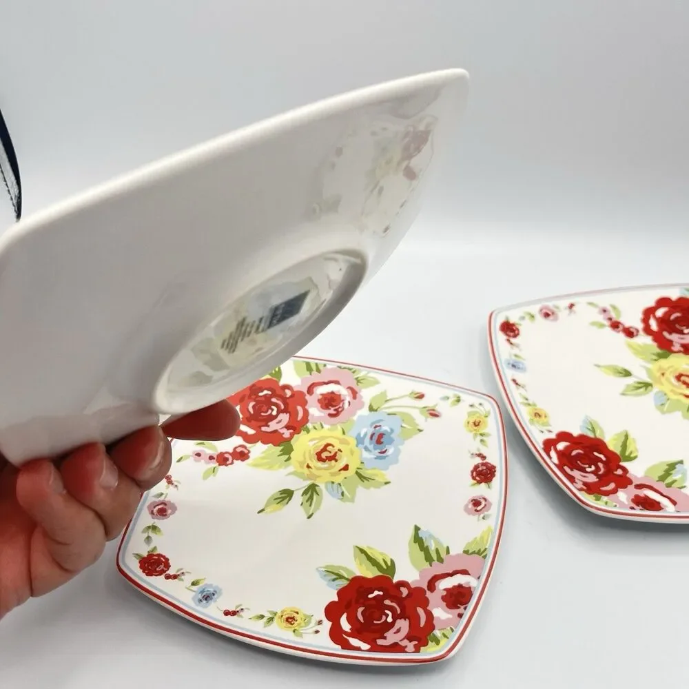 Shabby Chic Roses Small 6” Plates Square Appetizer Set of 3 Country Cottage